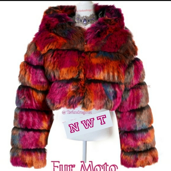 NWT Fur Moto Bright Neon Tie-Dye Moto Zip Up Hooded Fur Puffer